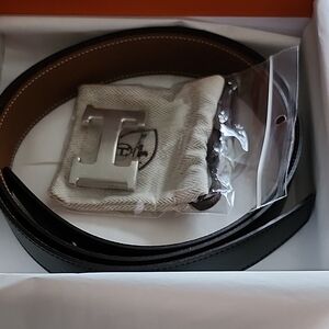 Hermes Black and Brown Leather Belt with Silver Buckle